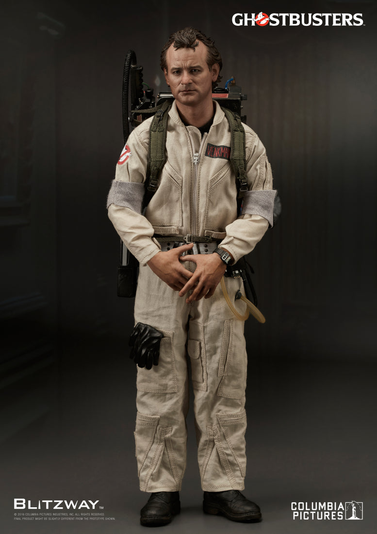 1/6 scale action figure of Dr. Peter Venkman from Ghostbusters, standing upright in full uniform with a proton pack, captured from the front with a neutral expression.