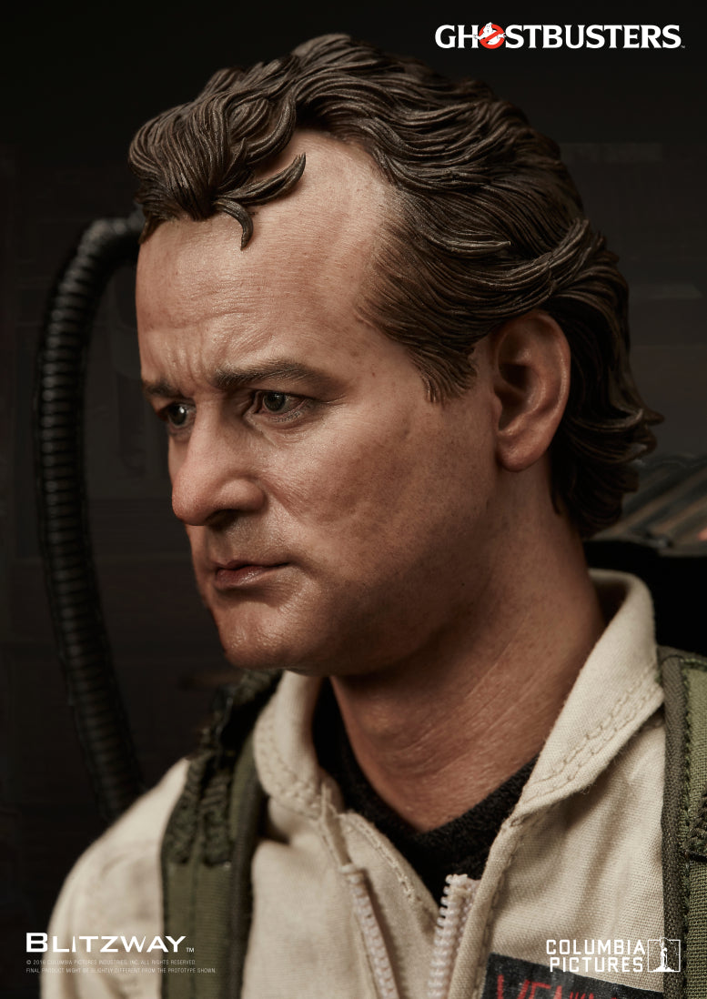 Close-up of the 1/6 scale Dr. Peter Venkman action figure from Ghostbusters, highlighting the lifelike facial sculpt and detailed paintwork.