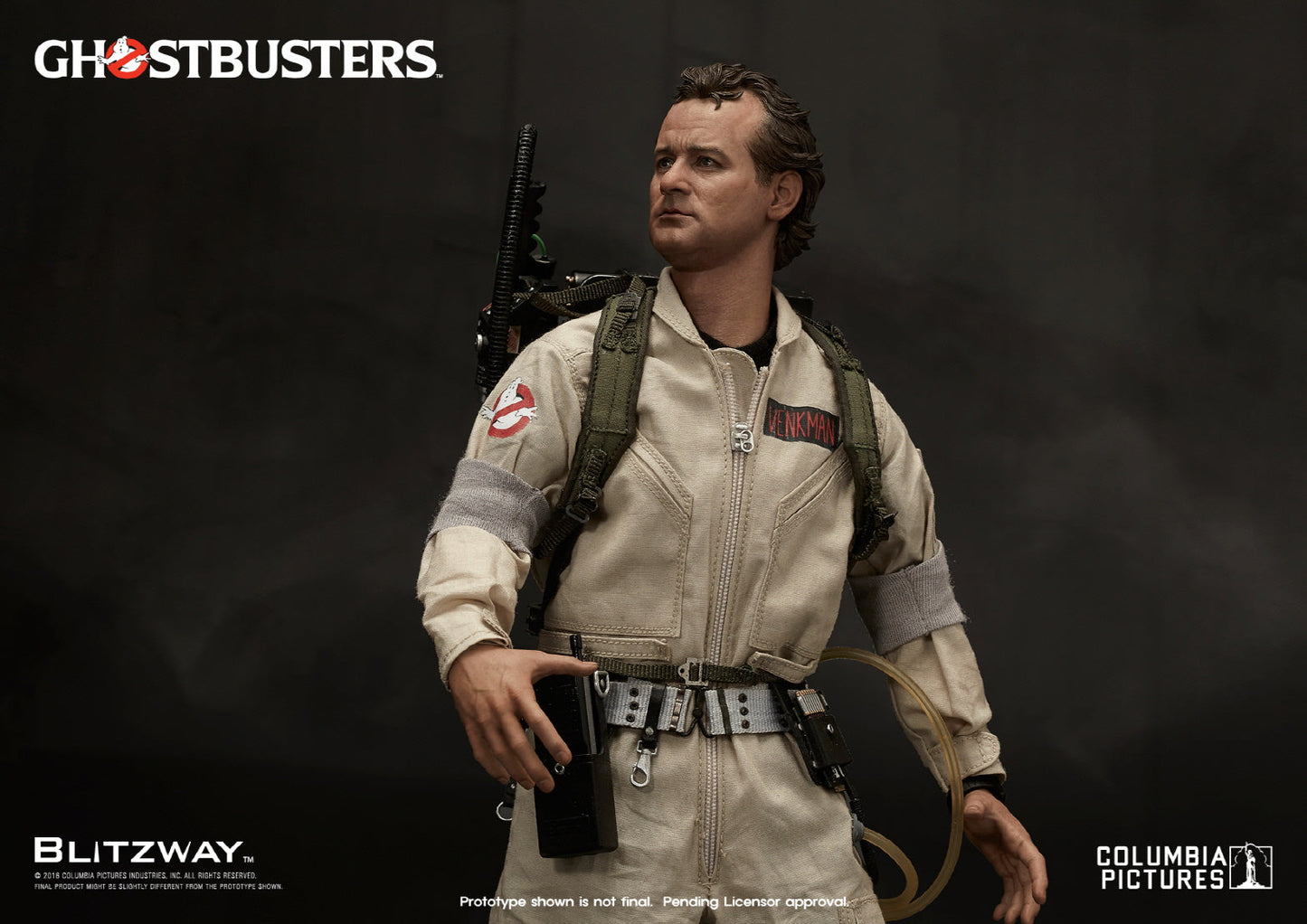 1/6 scale Peter Venkman action figure from Ghostbusters by Blitzway, posed in action while firing a vibrant proton stream from his particle thrower, with a determined facial expression and detailed gear.
