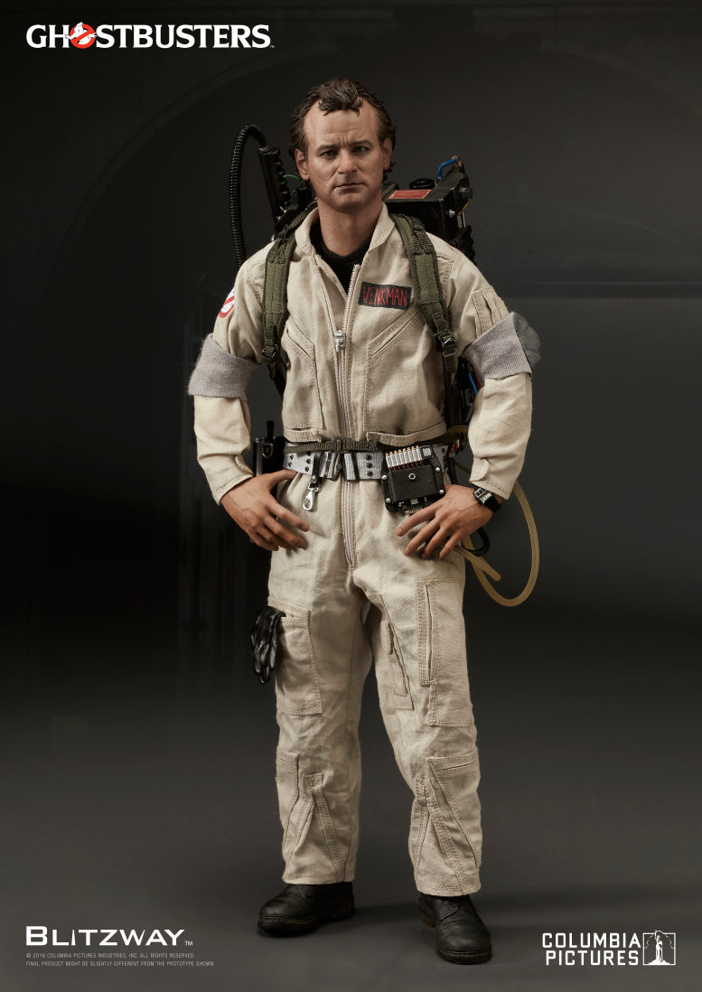 Full-body view of the 1/6 scale Peter Venkman action figure from Ghostbusters, wearing a beige jumpsuit with proton pack and detailed accessories.