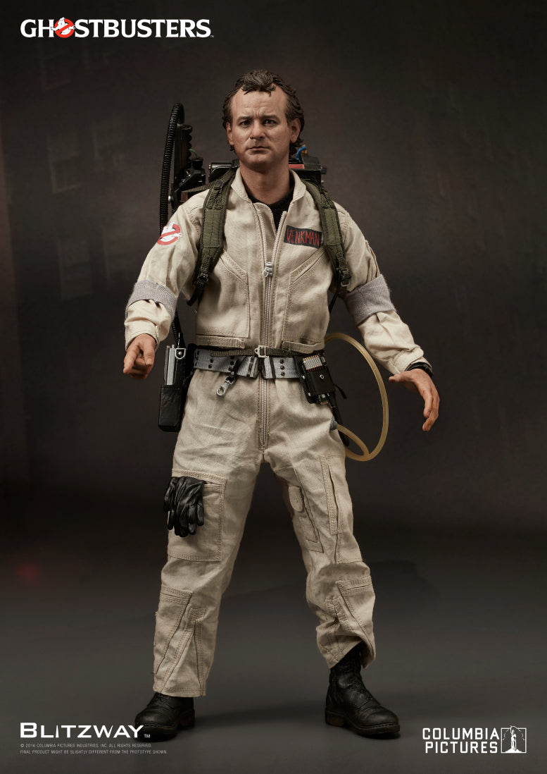 A 1/6 scale action figure of Peter Venkman from Ghostbusters, captured in a mid-step pose with arms partially extended, featuring detailed accessories including a proton pack, utility belt, and gloves.