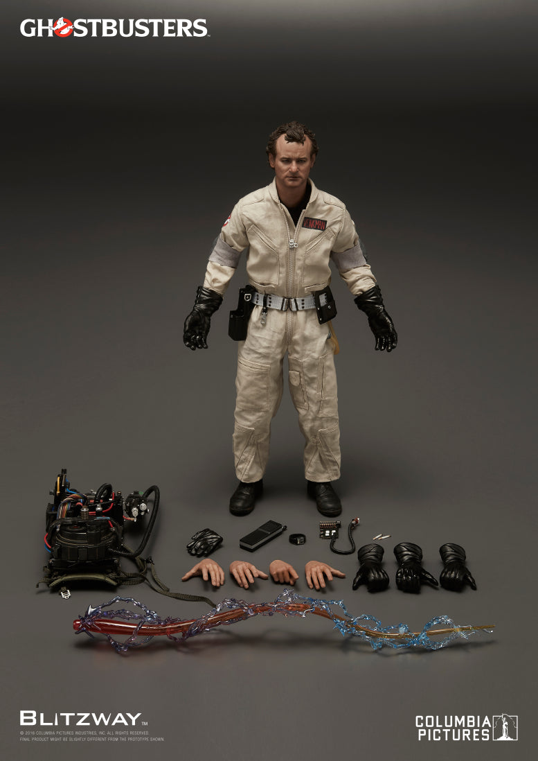 Full accessory spread of Blitzway’s 1/6 scale Peter Venkman action figure from Ghostbusters, featuring interchangeable hands, proton pack, gloves, ghost trap, P.K.E. meter, cigarette, and proton stream effect parts.
