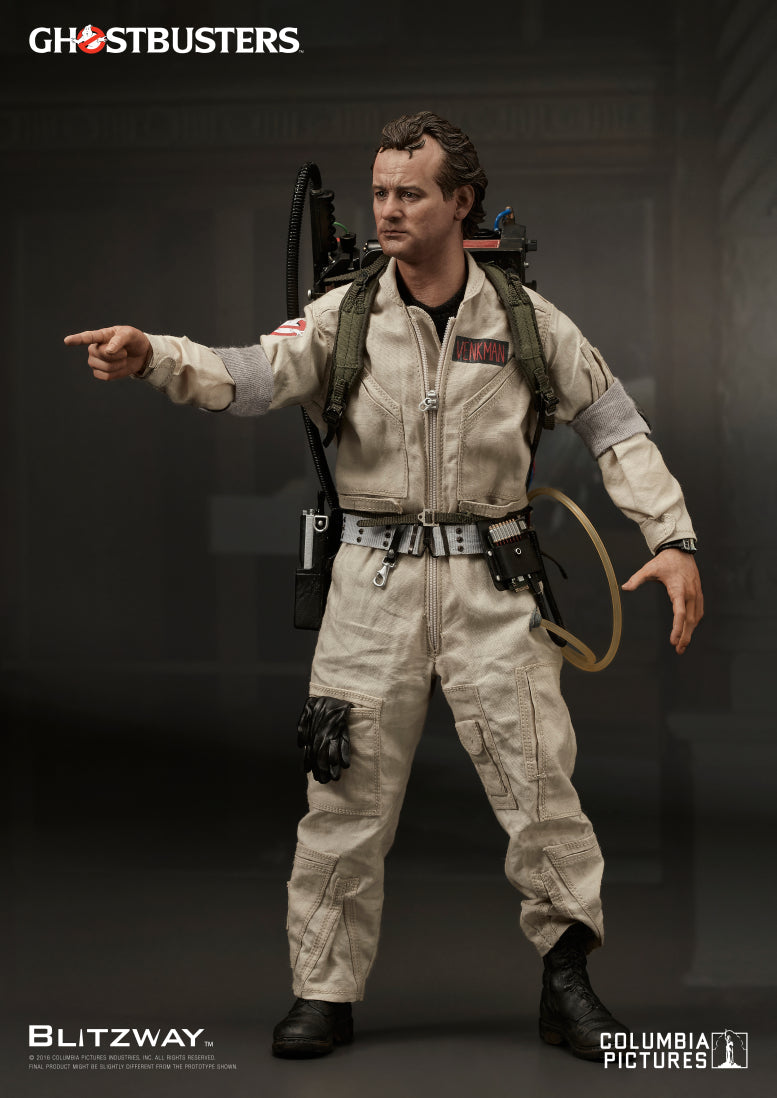 The 1/6 scale Peter Venkman action figure from Ghostbusters, posed with one arm extended in a pointing gesture, dressed in a beige jumpsuit with detailed accessories.