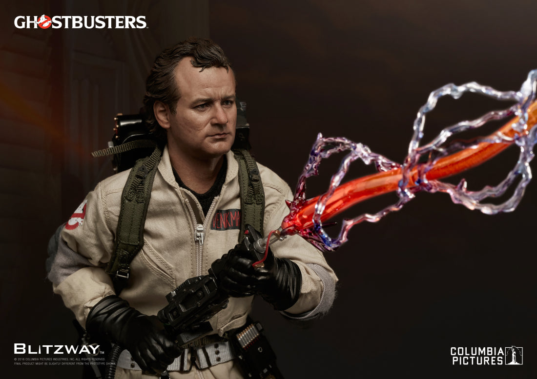 1/6 scale Peter Venkman action figure from Ghostbusters by Blitzway, posed in action while firing a vibrant proton stream from his particle thrower, with a determined facial expression and detailed gear.