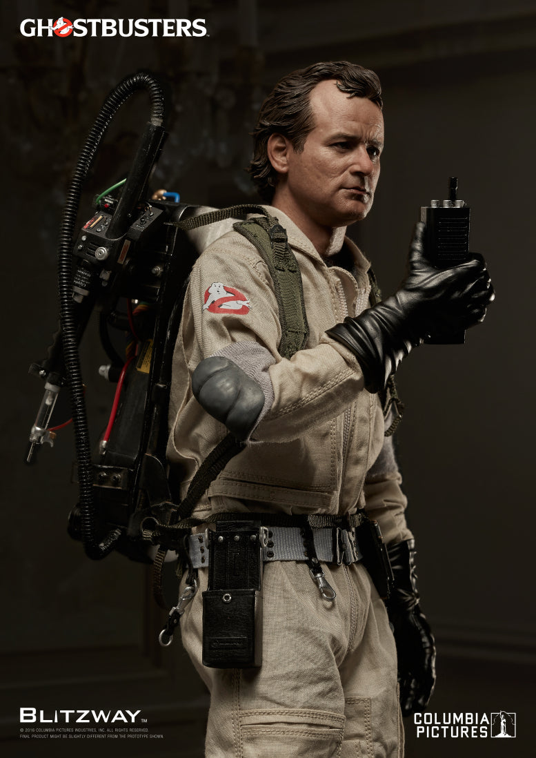 Side profile of Blitzway’s 1/6 scale Peter Venkman action figure from Ghostbusters, showing detailed proton pack, Ghostbusters arm patch, and gloved hand holding the neutrona wand.