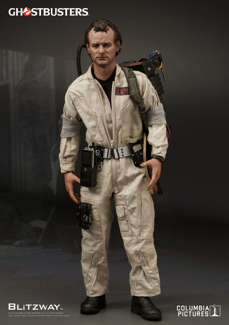 A 1/6 scale action figure of Peter Venkman from Ghostbusters, shown in a casual standing pose with one arm slightly extended and a subtle side glance, featuring realistic fabric textures and full gear including a proton pack and utility belt.