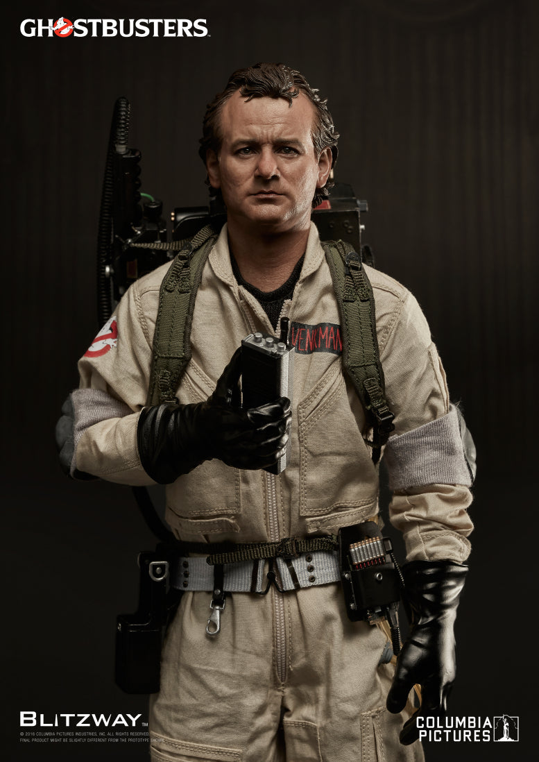 A close-up front view of Blitzway’s 1/6 scale Peter Venkman action figure from Ghostbusters, featuring lifelike facial detail, a gloved hand gripping a proton gun, and a fully equipped jumpsuit with realistic accessories.