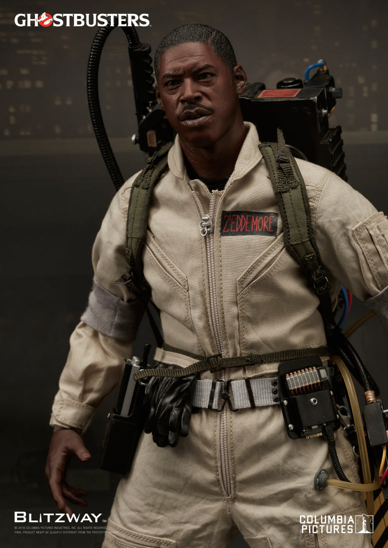 Close-up view of Blitzway’s 1/6 scale Action Figure of Winston Zeddemore from Ghostbusters, featuring detailed facial sculpting and costume accessories including the proton pack and utility belt