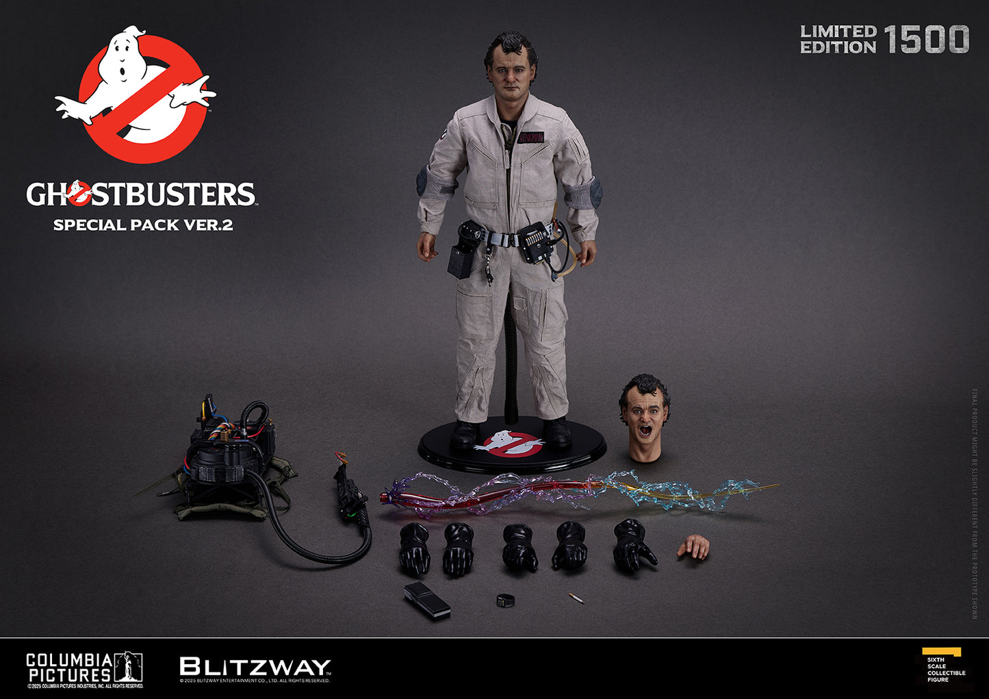 1/6 scale Action Figure of Dr. Peter Venkman from Ghostbusters Special Pack Ver.2, shown with Proton Pack, Proton Wand, alternate head sculpt, multiple hand parts, PKE Meter, and stream effect accessories.