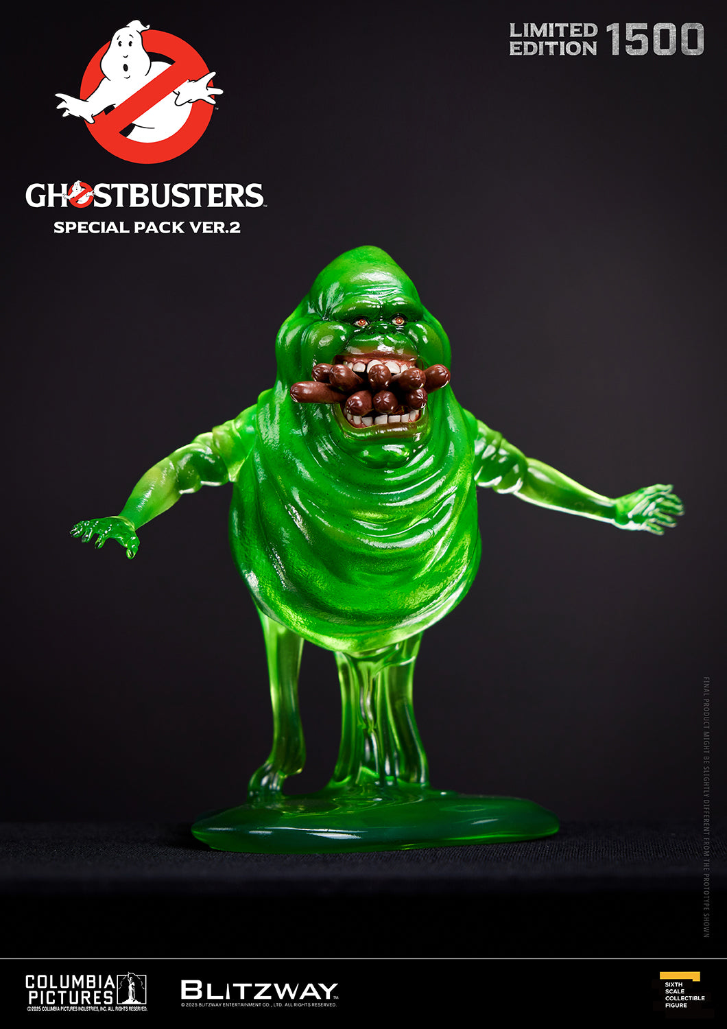 1/6 scale Action Figure of Slimer from Ghostbusters Special Pack Ver.2, depicted with mouth full of sausages, featuring translucent green sculpt and comical movie-accurate expression.