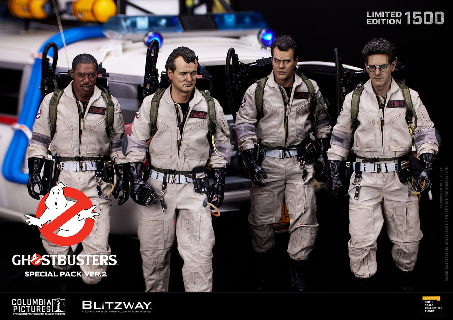 1/6 scale action figure lineup of the Ghostbusters team — Winston Zeddemore, Peter Venkman, Ray Stantz, and Egon Spengler — from Blitzway’s Special Pack Ver.2, displayed in front of the iconic Ecto-1 vehicle. Limited edition of 1500 units.