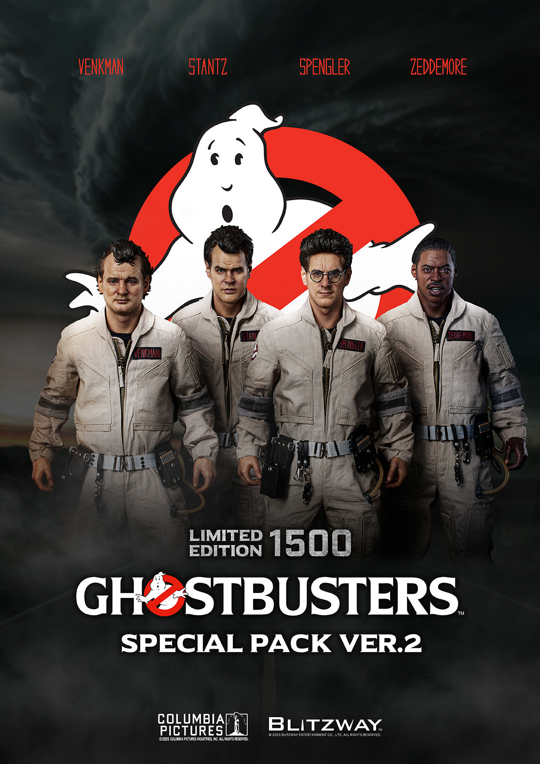 Full team lineup of Blitzway’s Ghostbusters Special Pack Ver.2 1/6 scale action figures, featuring screen-accurate likenesses of Venkman, Stantz, Spengler, and Zeddemore in movie-authentic uniforms and gear; limited to 1500 pieces.