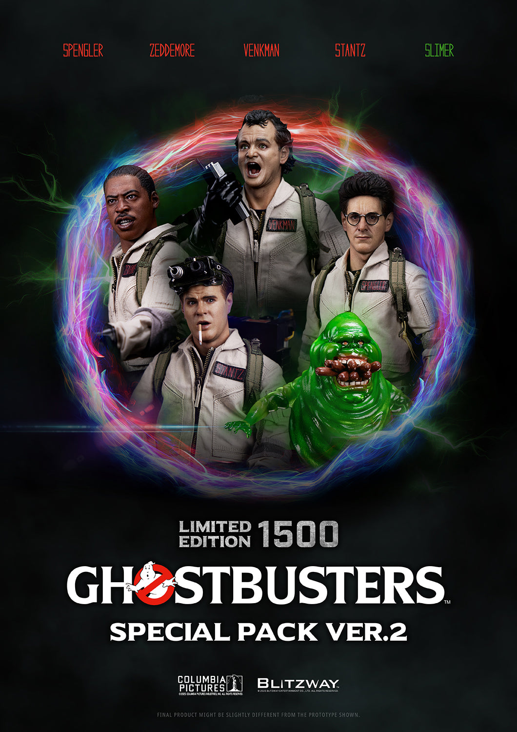 Blitzway’s Ghostbusters Special Pack Ver.2 limited edition set featuring 1/6 scale action figures of Venkman, Stantz, Spengler, and Zeddemore with screen-accurate proton packs, uniforms, and the iconic green ghost Slimer — limited to 1500 pieces worldwide.