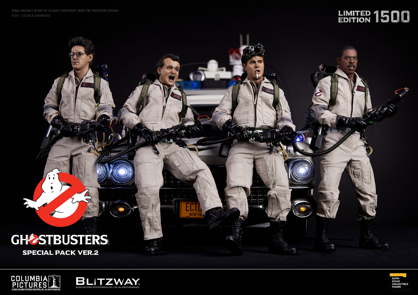 1/6 scale Ghostbusters Special Pack Ver.2 action figures by Blitzway, featuring Dr. Egon Spengler, Peter Venkman, Ray Stantz, and Winston Zeddemore in front of Ecto-1, each equipped with Proton Packs and Neutrona Wands. Limited edition of 1500.