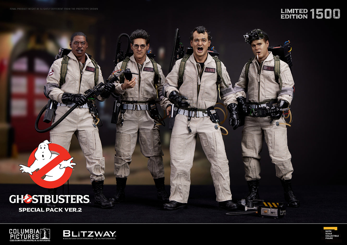 1/6 scale Ghostbusters Special Pack Ver.2 action figures set featuring Winston Zeddemore, Egon Spengler, Peter Venkman, and Ray Stantz equipped with Proton Packs and a Ghost Trap. Limited edition of 1500 by Blitzway.