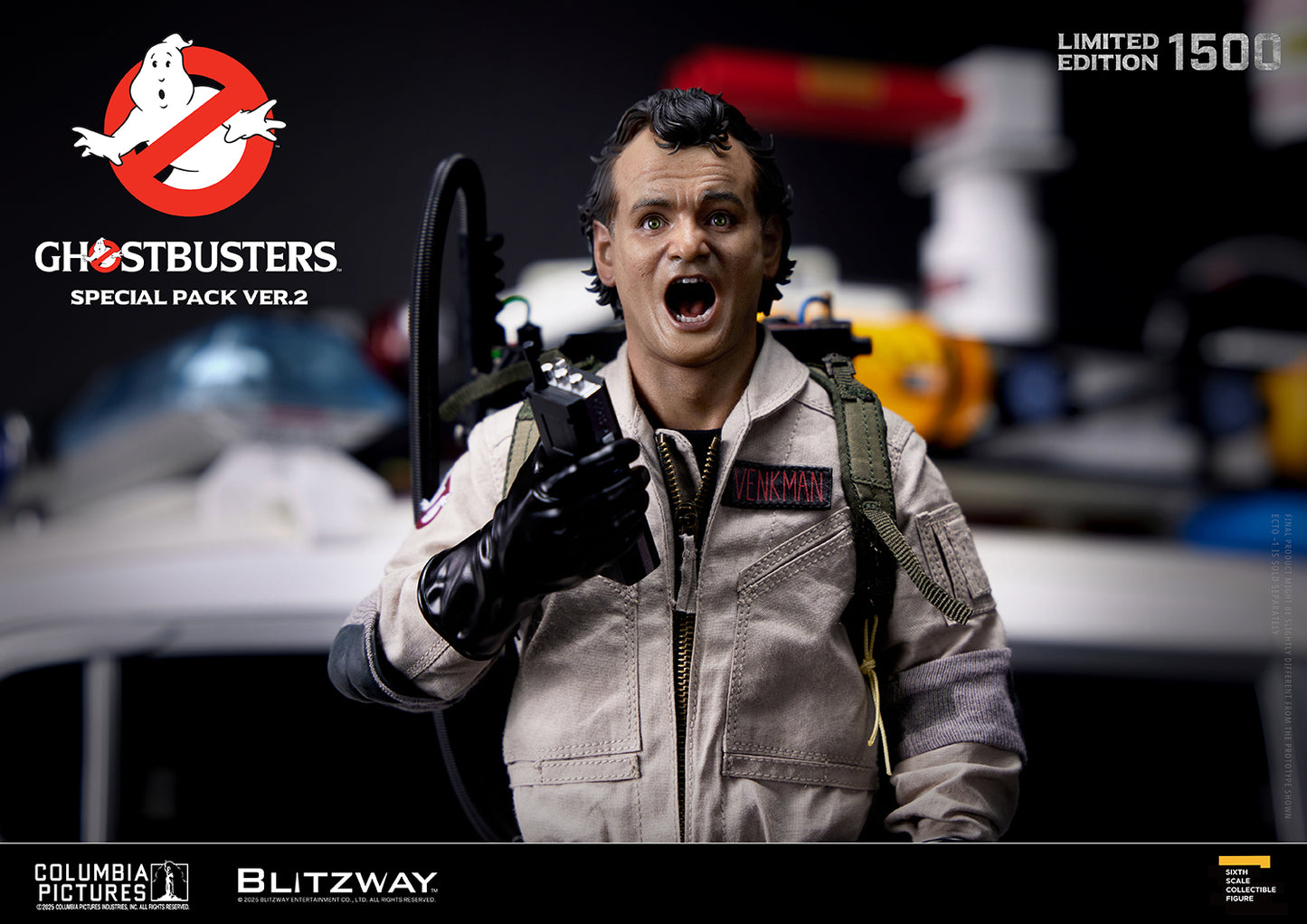 1/6 scale Ghostbusters Special Pack Ver.2 by Blitzway featuring Peter Venkman equipped with Proton Pack, shouting mid-action with detailed movie-accurate expression. Limited edition of 1500.