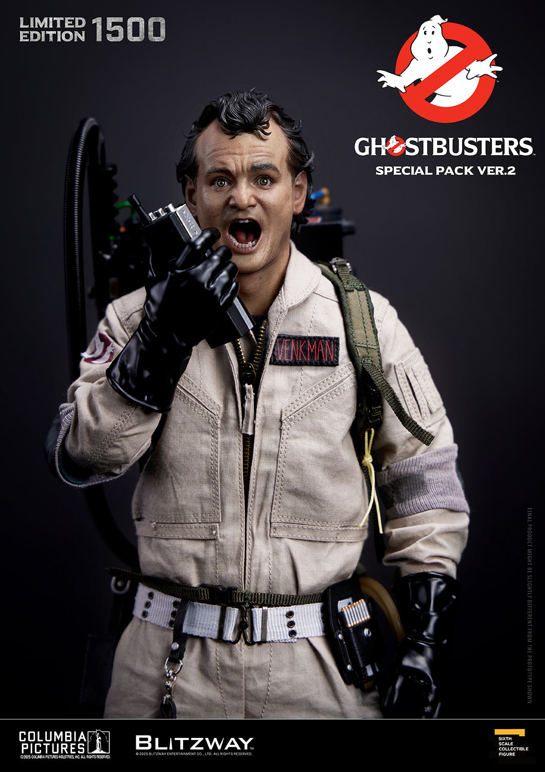 1/6 scale Ghostbusters Special Pack Ver.2 by Blitzway featuring Peter Venkman holding a walkie-talkie, with dynamic facial expression and Proton Pack detail. Limited to 1500 pieces.