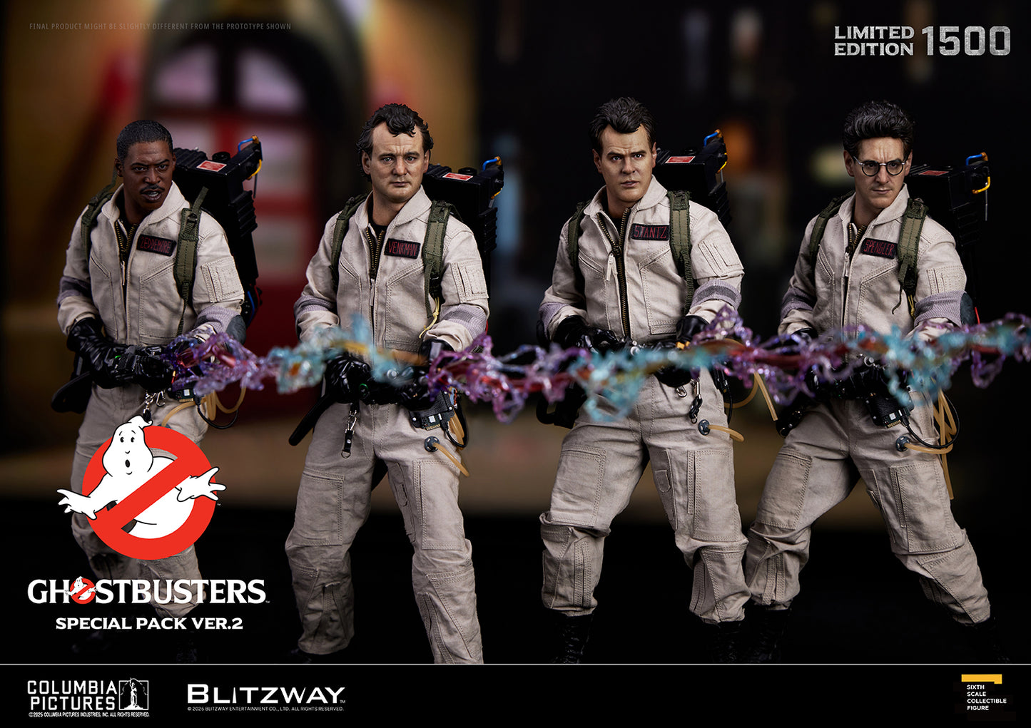 1/6 scale Ghostbusters Special Pack Ver.2 featuring Egon Spengler, Peter Venkman, Ray Stantz, and Winston Zeddemore using their Proton Packs and purple-blue Proton Streams. Limited edition of 1500 by Blitzway.