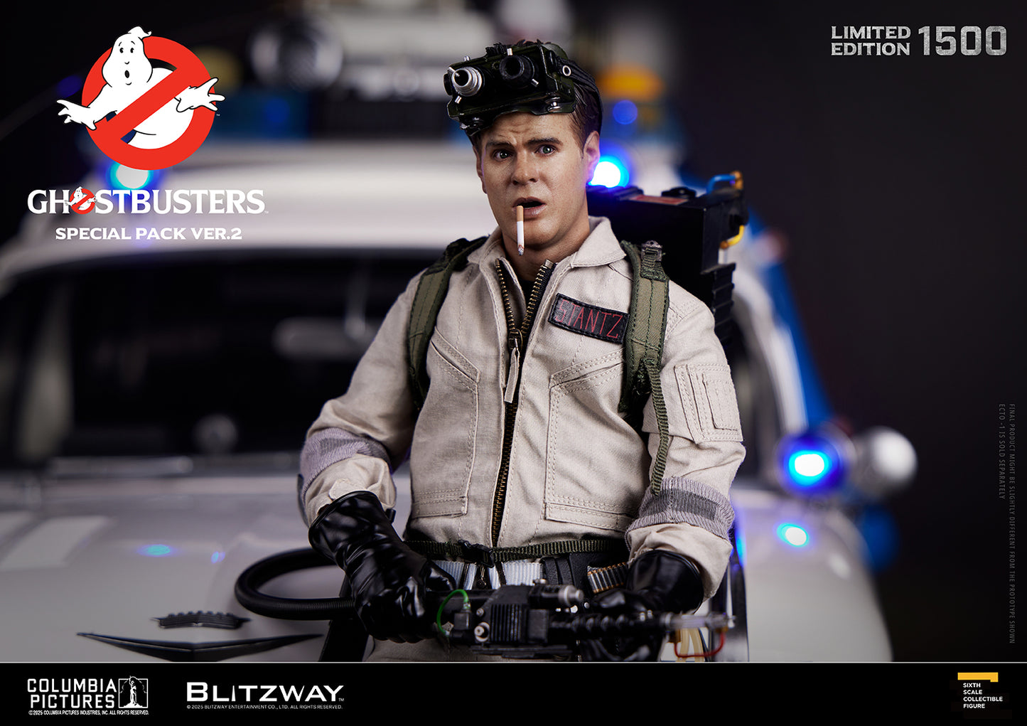 Blitzway Ghostbusters Special Pack Ver.2 1/6 scale action figure of Ray Stantz wearing Ecto Goggles, posed with Neutrona Wand in front of the Ecto-1 vehicle. Includes cigarette accessory. Limited edition of 1500.