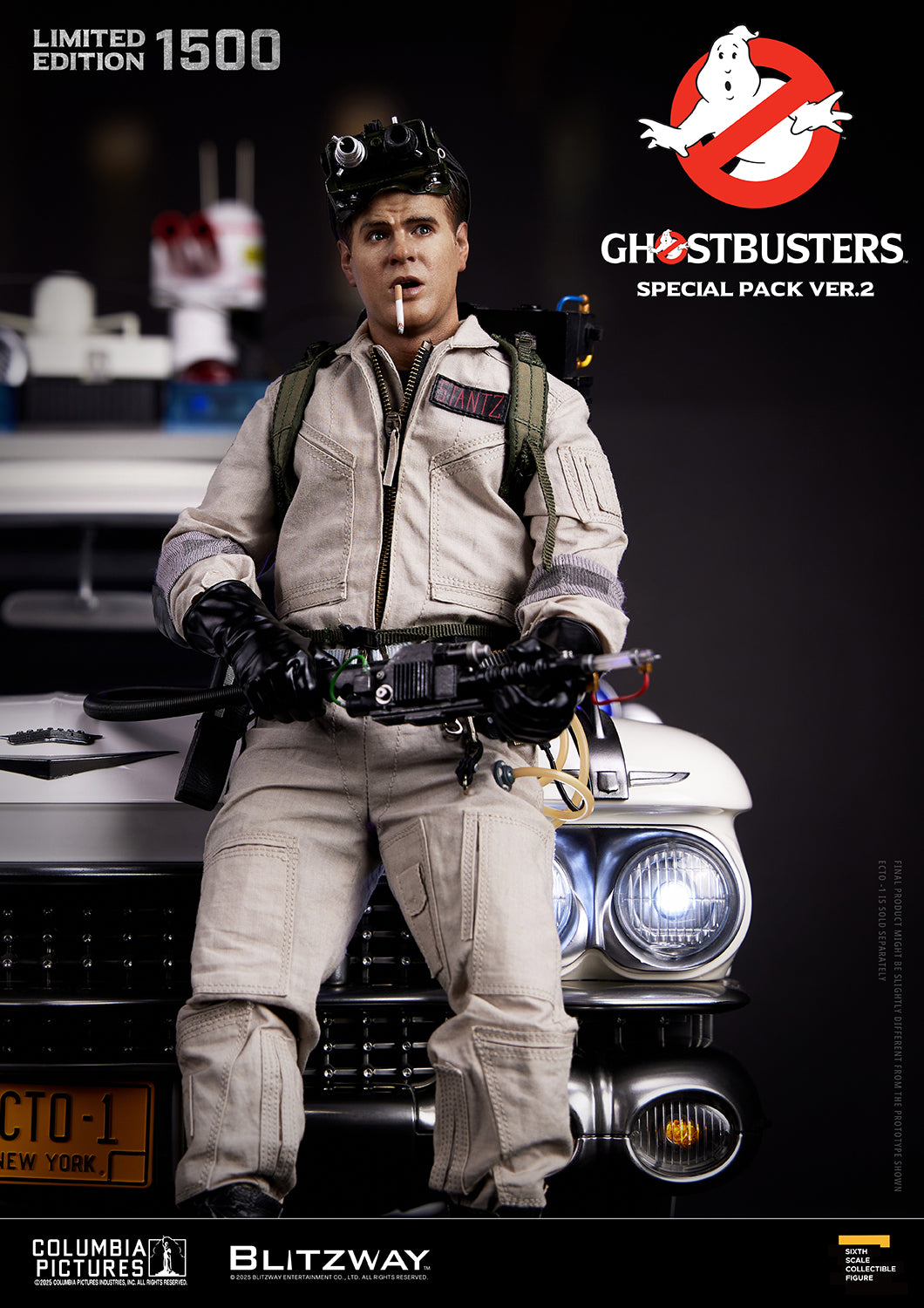 Blitzway Ghostbusters Special Pack Ver.2 1/6 scale action figure of Ray Stantz wearing Ecto Goggles, seated on the Ecto-1 hood while holding a Neutrona Wand. Includes cigarette accessory. Limited edition of 1500.