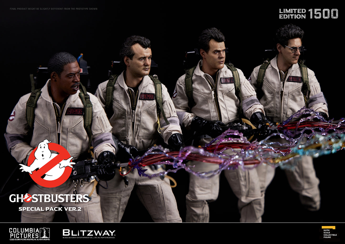 1/6 scale Ghostbusters Special Pack Ver.2 by Blitzway, featuring Winston Zeddemore, Peter Venkman, Ray Stantz, and Egon Spengler simultaneously firing their Proton Streams in coordinated formation. Limited edition of 1500.