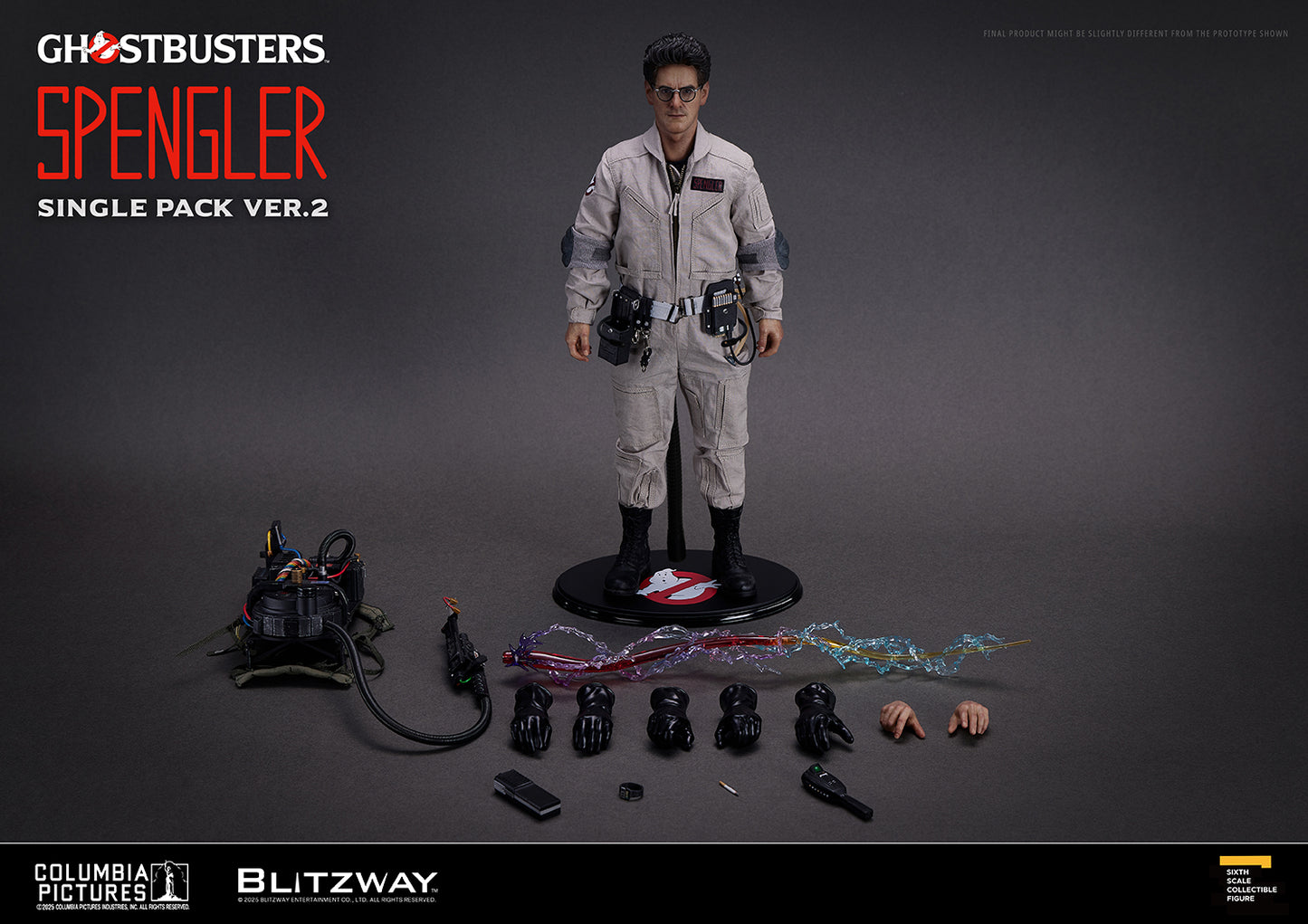Full set contents of Blitzway Ghostbusters Egon Spengler 1/6 scale action figure Ver.2, including Proton Pack, Neutrona Wand, P.K.E. Meter, multiple hand parts, and Proton Stream accessories displayed on a gray background
