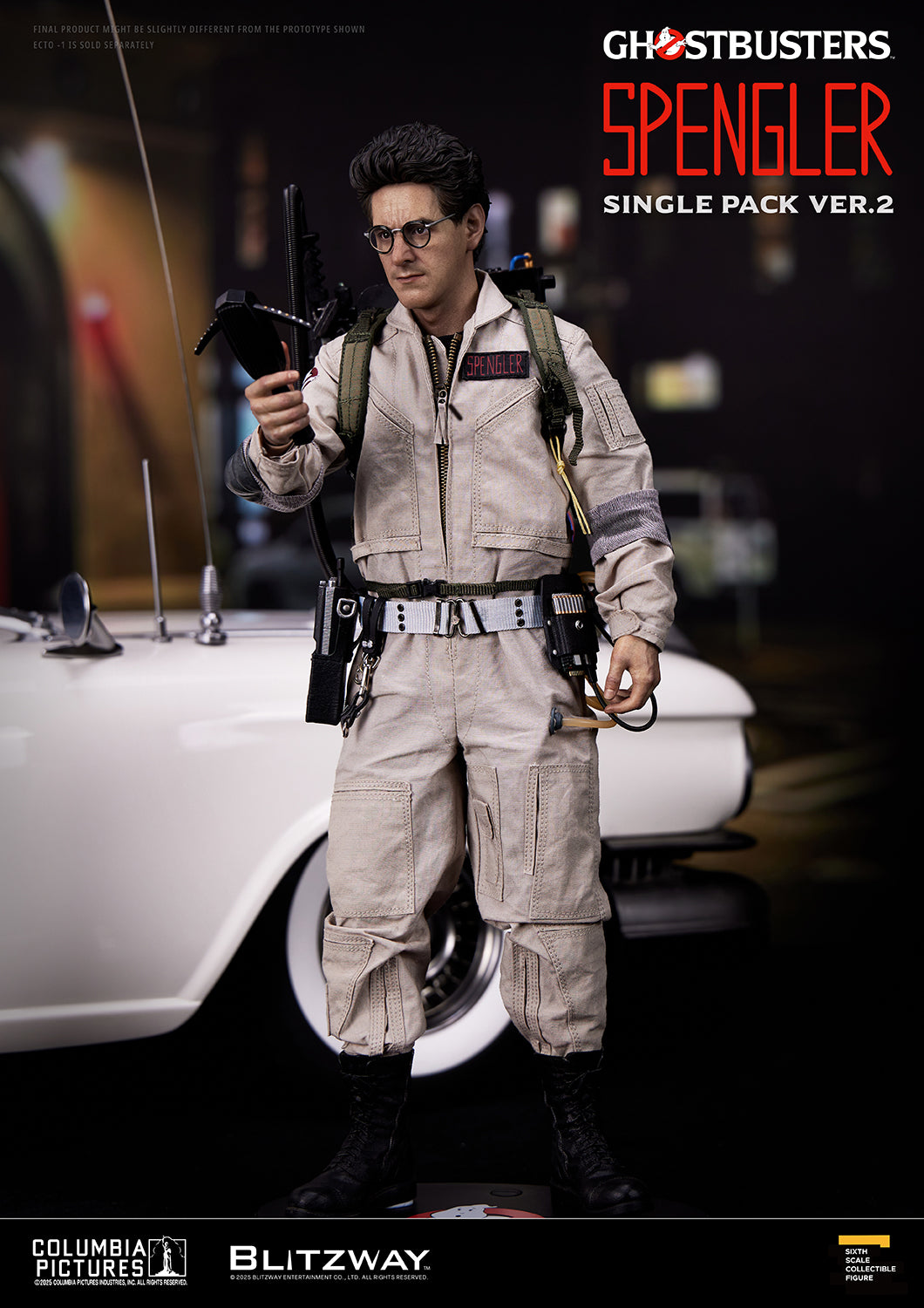 Blitzway’s upgraded 1/6 scale Action Figure of Egon Spengler (Ver.2) from Ghostbusters, featuring the character holding a P.K.E. Meter with the iconic Ecto-1 vehicle in the background