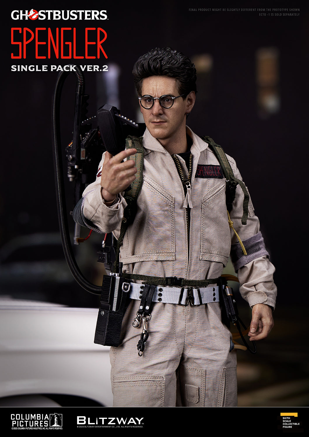 Blitzway 1/6 scale Action Figure of Egon Spengler from Ghostbusters Ver.2, holding a P.K.E. Meter while equipped with a Proton Pack and movie-accurate jumpsuit