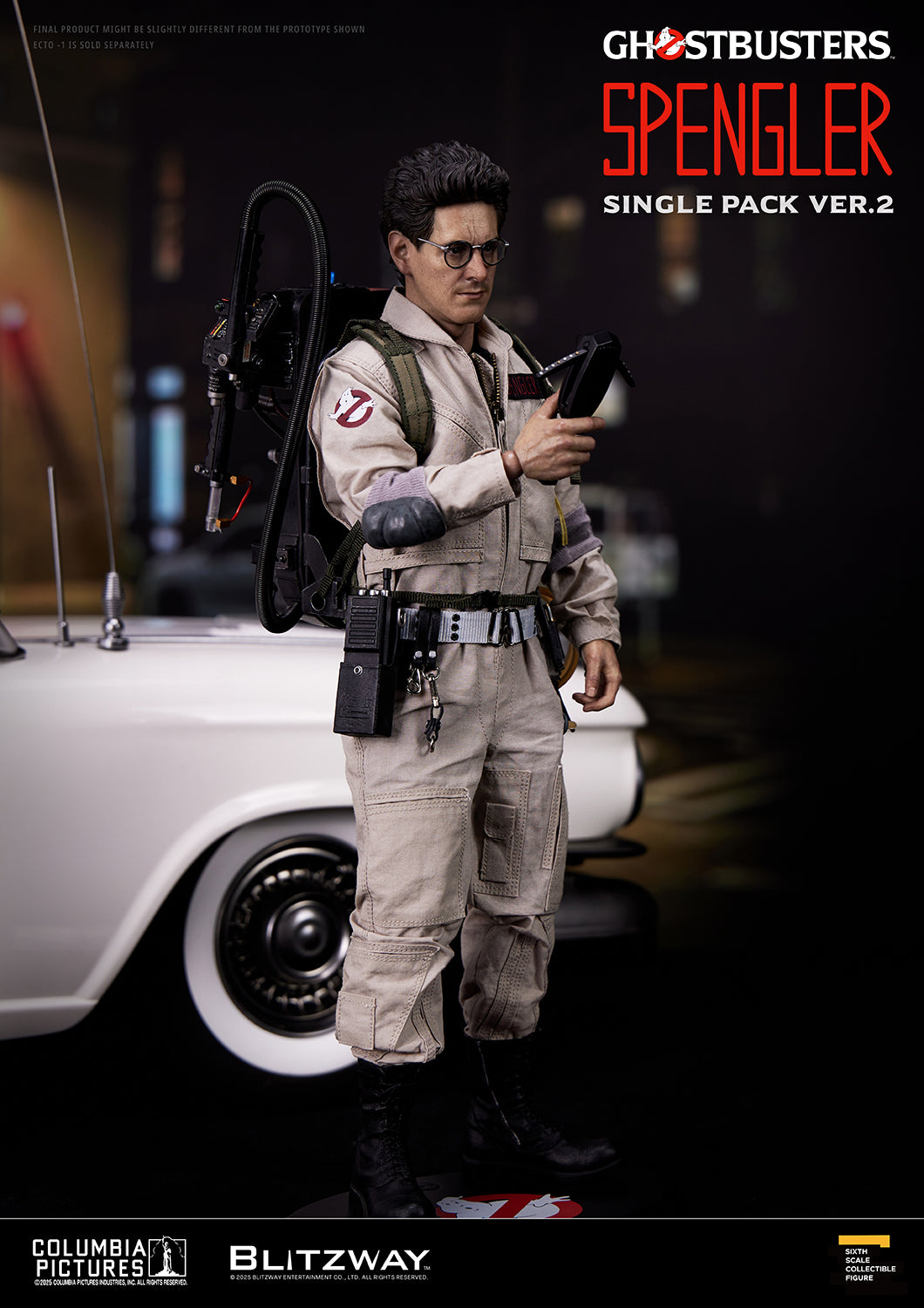 Blitzway Ghostbusters Egon Spengler 1/6 scale action figure Ver.2 equipped with Proton Pack and P.K.E. Meter, posed in front of the iconic Ecto-1 vehicle backdrop