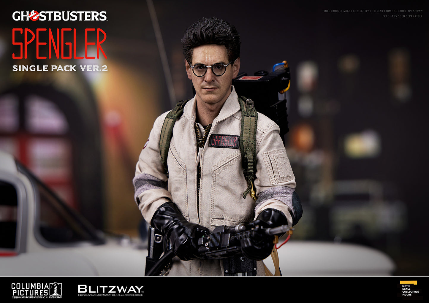 Blitzway Ghostbusters Egon Spengler 1/6 scale action figure Ver.2 posed with Proton Pack in ready stance, standing before the Ecto-1 vehicle backdrop