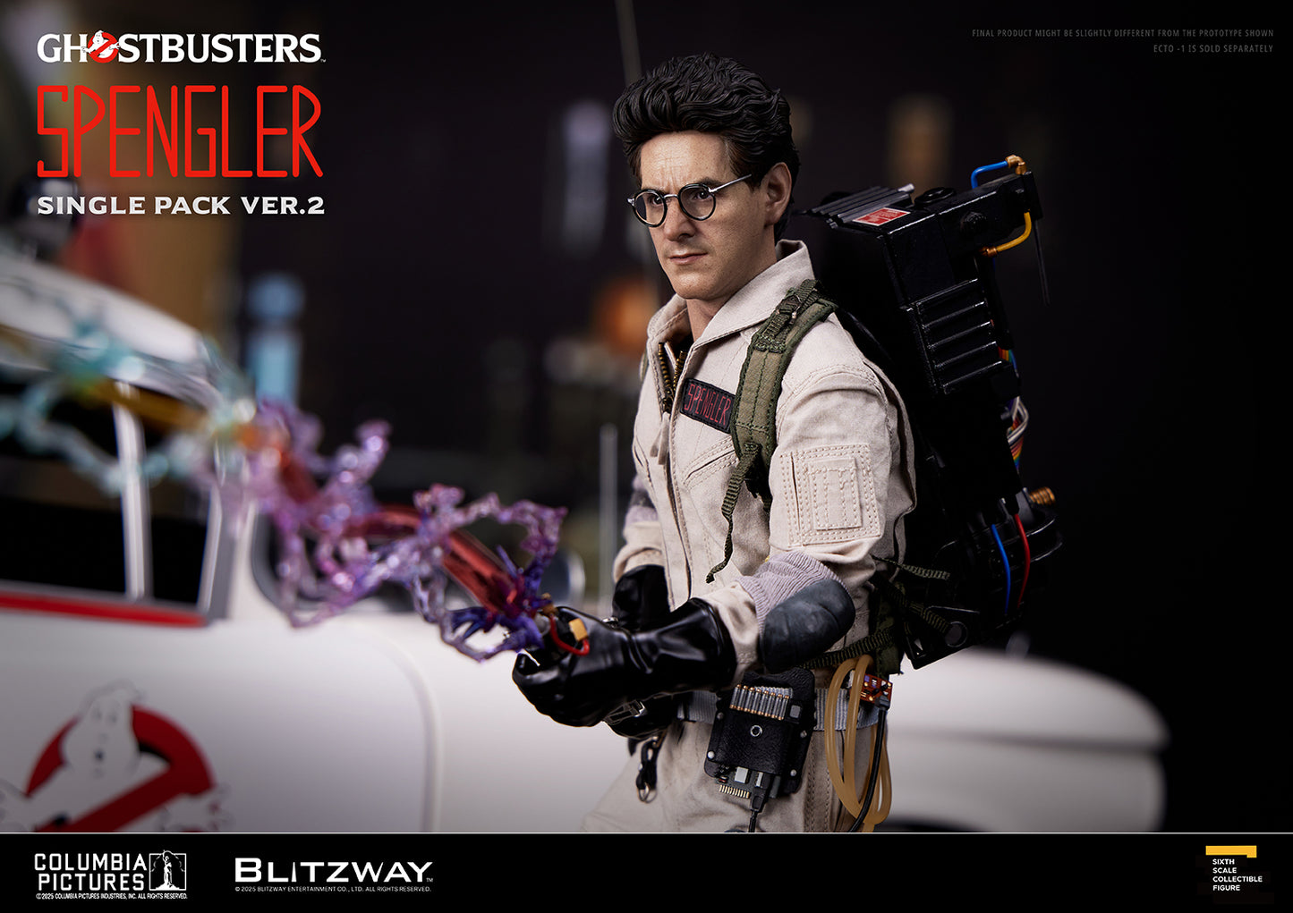 Blitzway Ghostbusters Egon Spengler 1/6 scale action figure Ver.2 unleashing Proton Stream from Neutrona Wand, with Ecto-1 in the background