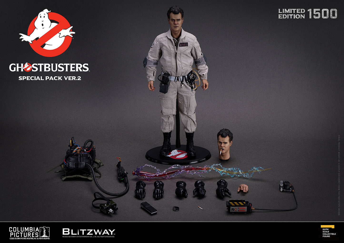 1/6 scale action figure of Ray Stantz from Ghostbusters Special Pack Ver.2 by Blitzway, shown with full set of accessories including alternate head sculpt, proton pack, particle stream effects, ghost trap, P.K.E. meter, radio, and interchangeable hands.