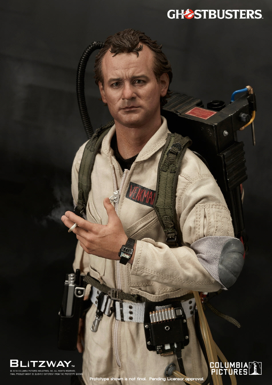 A highly detailed 1/6 scale action figure of Venkman from Ghostbusters, wearing a beige jumpsuit with a name tag, a proton pack on his back, and holding a cigarette in his right hand.