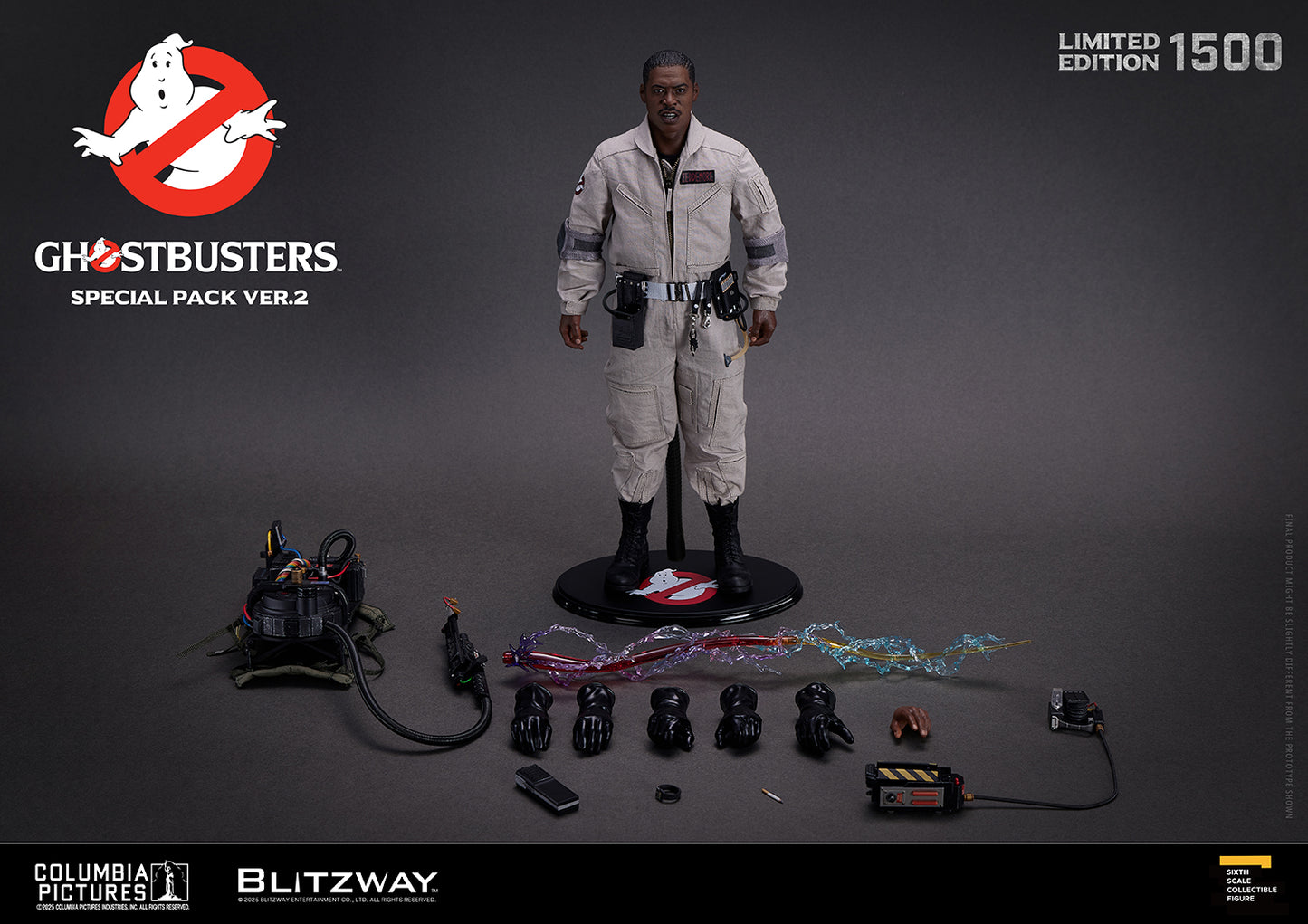 1/6 scale action figure of Winston Zeddemore from Ghostbusters Special Pack Ver.2 by Blitzway, featuring full accessories including proton pack, particle stream effects, ghost trap, P.K.E. meter, walkie-talkie, and interchangeable hands.