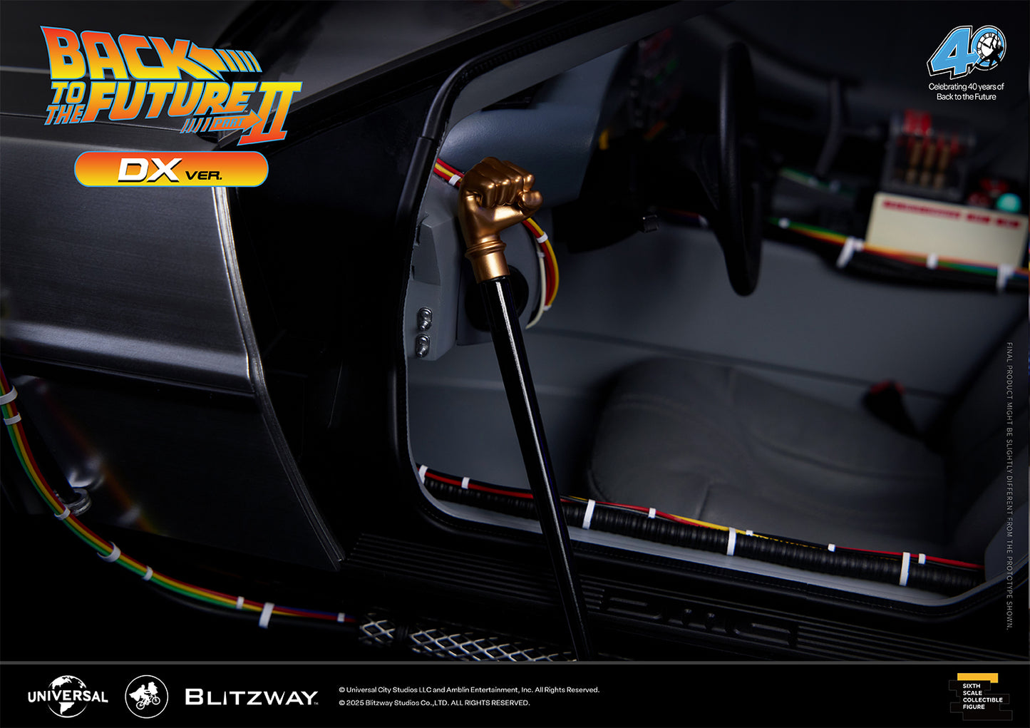 Detailed view of Biff's cane accessory inside the Blitzway Back to the Future Part II DX Version Time Machine collectible figure.