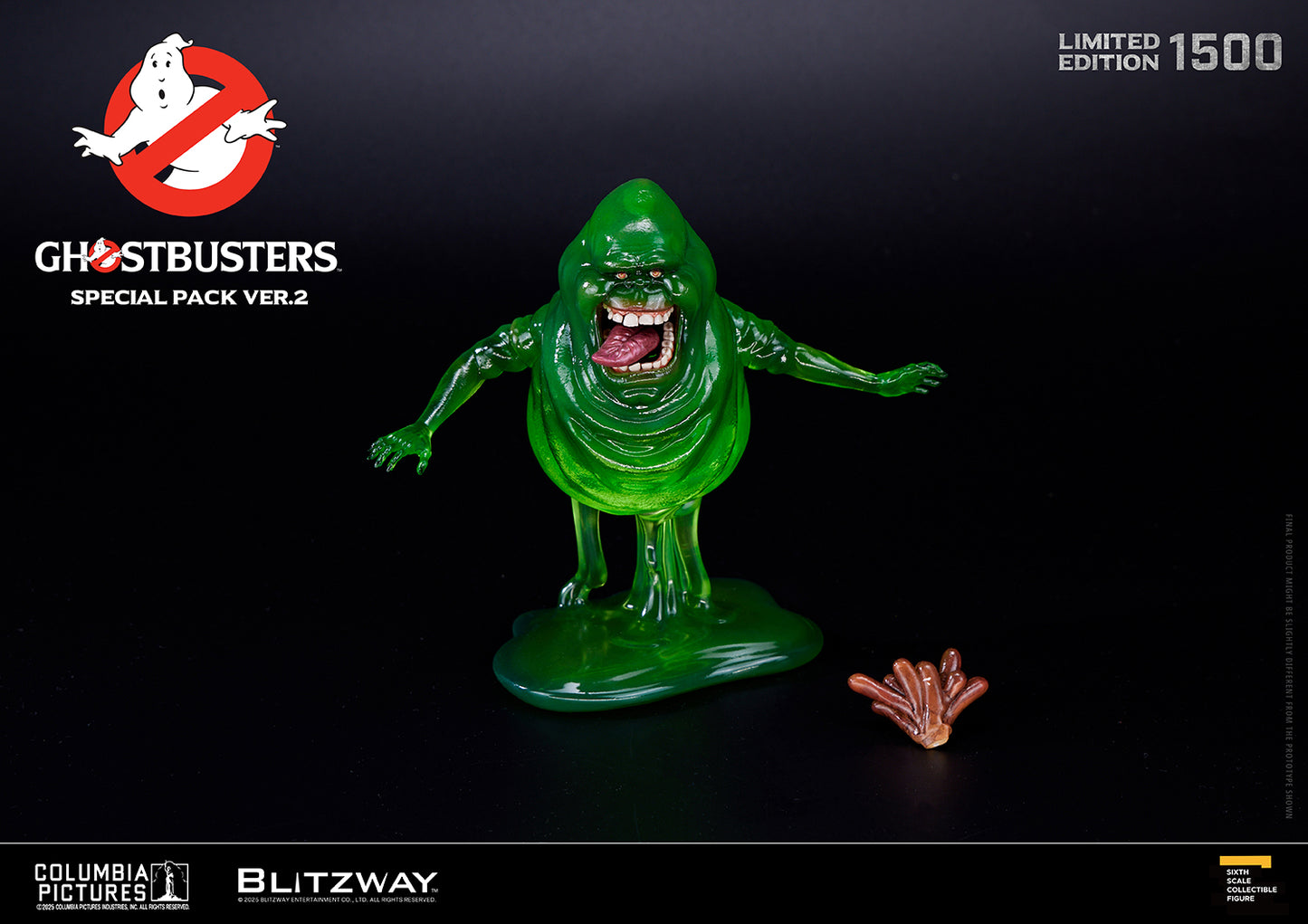 1/6 scale Action Figure of Slimer from the Ghostbusters Special Pack Ver.2, featuring a translucent green body, extended tongue, and a separate accessory of a brown snack pile displayed on a black base.