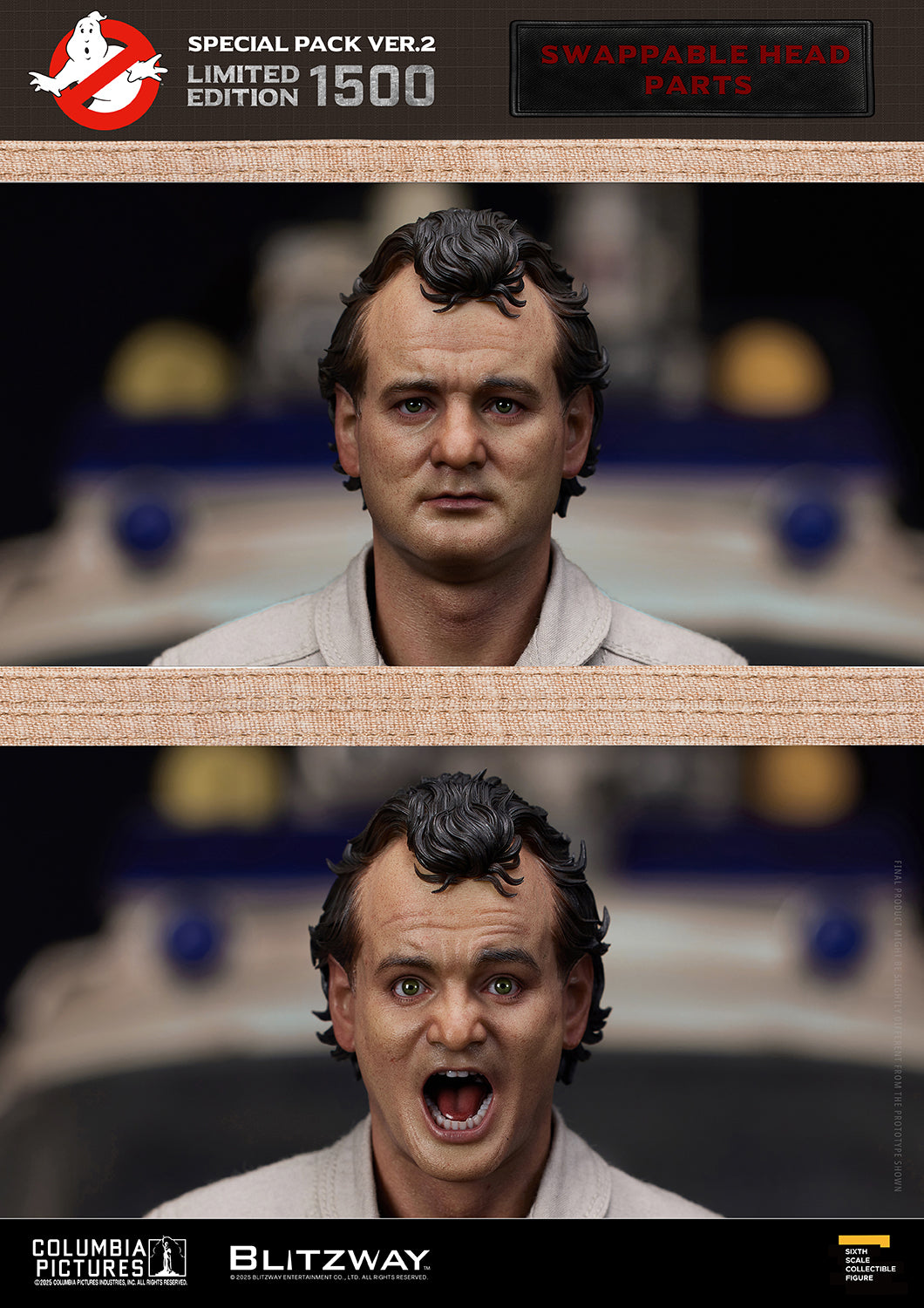 1/6 scale Action Figure of Dr. Peter Venkman from the Ghostbusters Special Pack Ver.2, featuring two interchangeable head sculpts — one with a neutral expression and one with an expressive, shouting face.