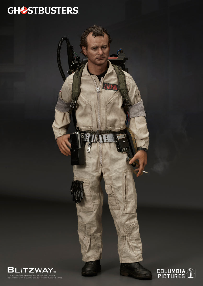 A 1/6 scale action figure of Venkman from Ghostbusters, standing upright in a beige jumpsuit with a proton pack on his back, holding a cigarette in his right hand.