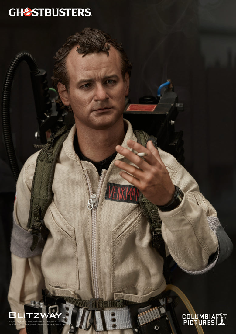A close-up of the 1/6 scale Peter Venkman action figure from Ghostbusters, featuring detailed facial expression, a cigarette in hand, and realistic textures on the jumpsuit and gear.