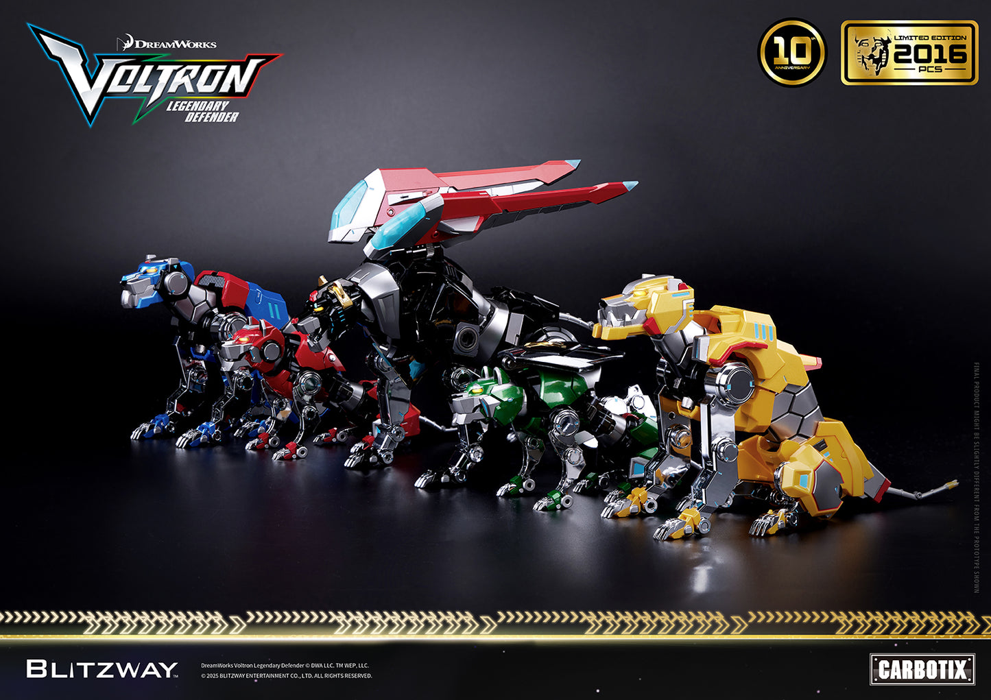 Voltron: Legendary Defender 10th Anniversary Special Limited Edition 1/6 scale Action Figure Lions by Blitzway Carbotix – limited to 2,016 pcs worldwide, side view lineup of Black, Red, Green, Blue, and Yellow Lions with die-cast detailing.