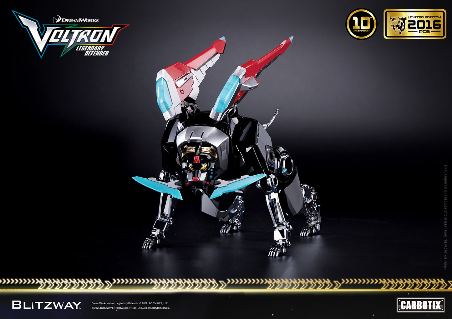 Voltron: Legendary Defender 10th Anniversary Special Limited Edition 1/6 scale Action Figure Black Lion by Blitzway Carbotix – limited to 2,016 pcs worldwide, featuring die-cast parts, detailed paintwork, and iconic lion mode.