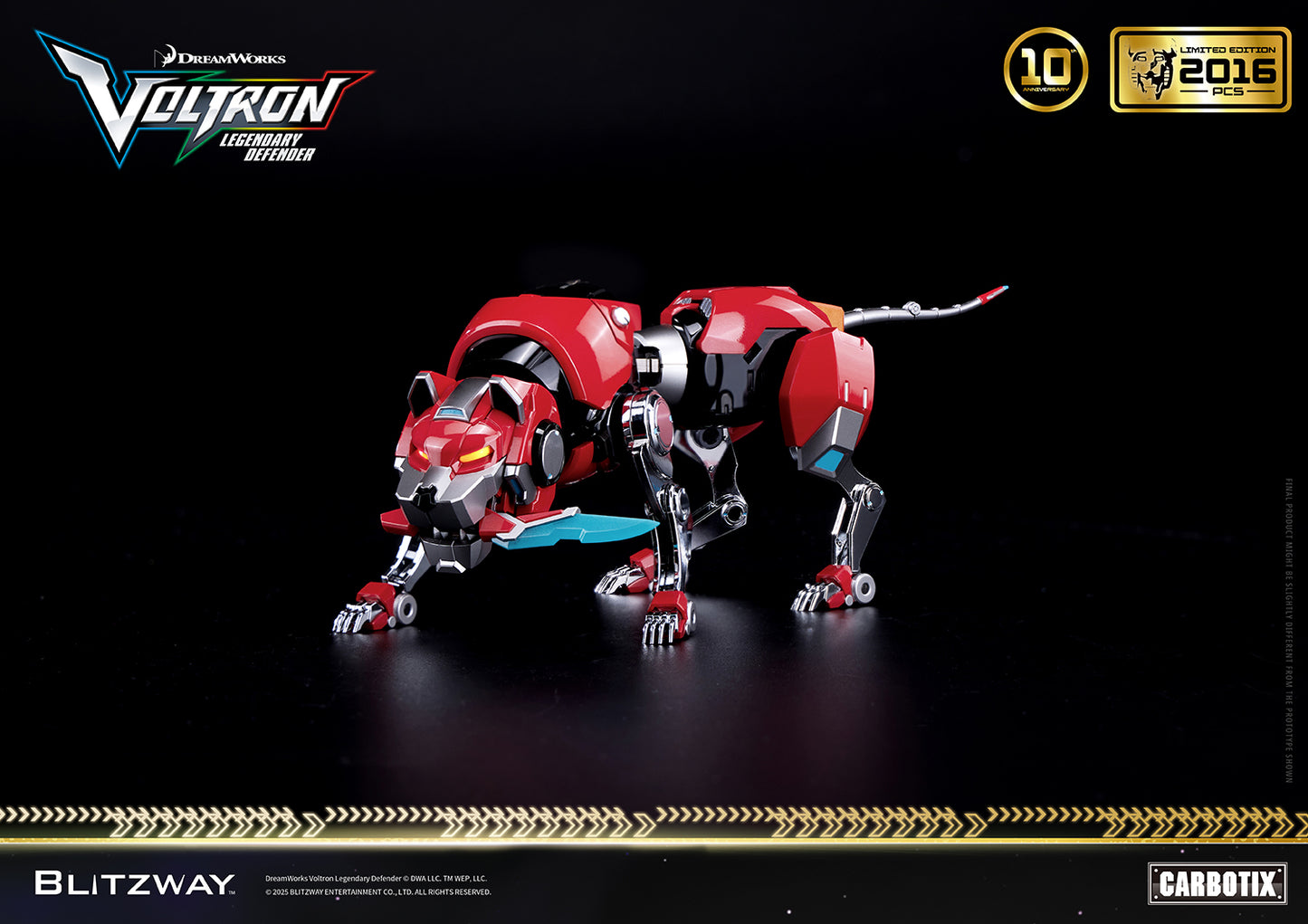 Voltron: Legendary Defender 10th Anniversary Special Limited Edition 1/6 scale Action Figure Red Lion by Blitzway Carbotix – limited to 2,016 pcs worldwide, featuring die-cast construction, articulated joints, and lion mode with energy blade.