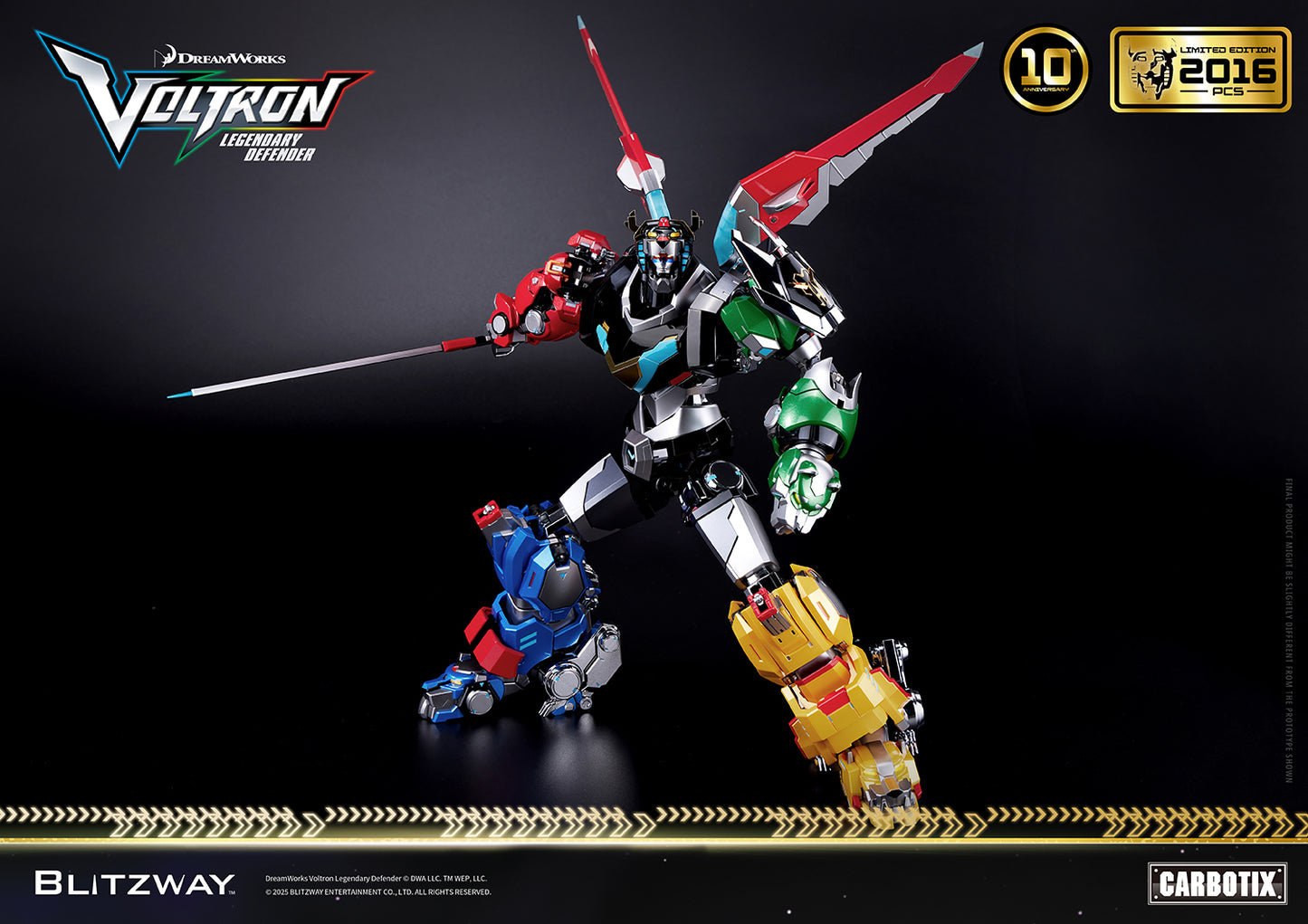 Voltron: Legendary Defender 10th Anniversary Special Limited Edition 1/6 scale Action Figure by Blitzway Carbotix – limited to 2,016 pcs worldwide, showcasing die-cast parts, blazing sword accessory, and dynamic full-body attack pose.