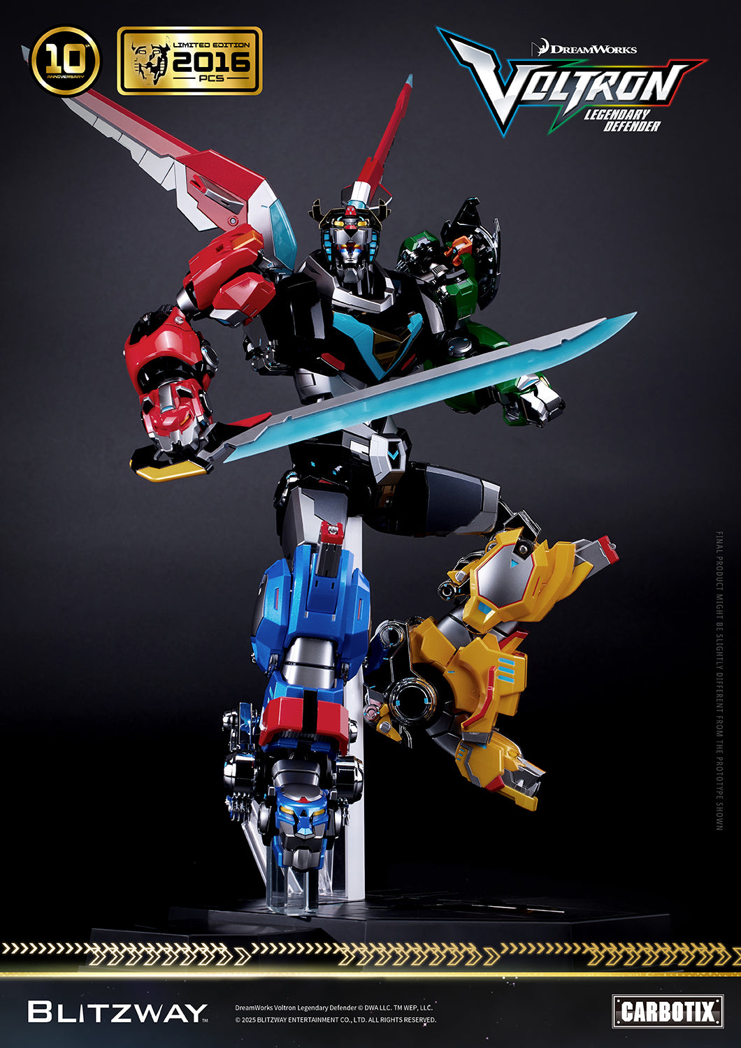 Voltron: Legendary Defender 10th Anniversary Special Limited Edition 1/6 scale Action Figure by Blitzway Carbotix – limited to 2,016 pcs worldwide, displayed on base with die-cast parts, blazing sword, and dynamic jumping action pose.