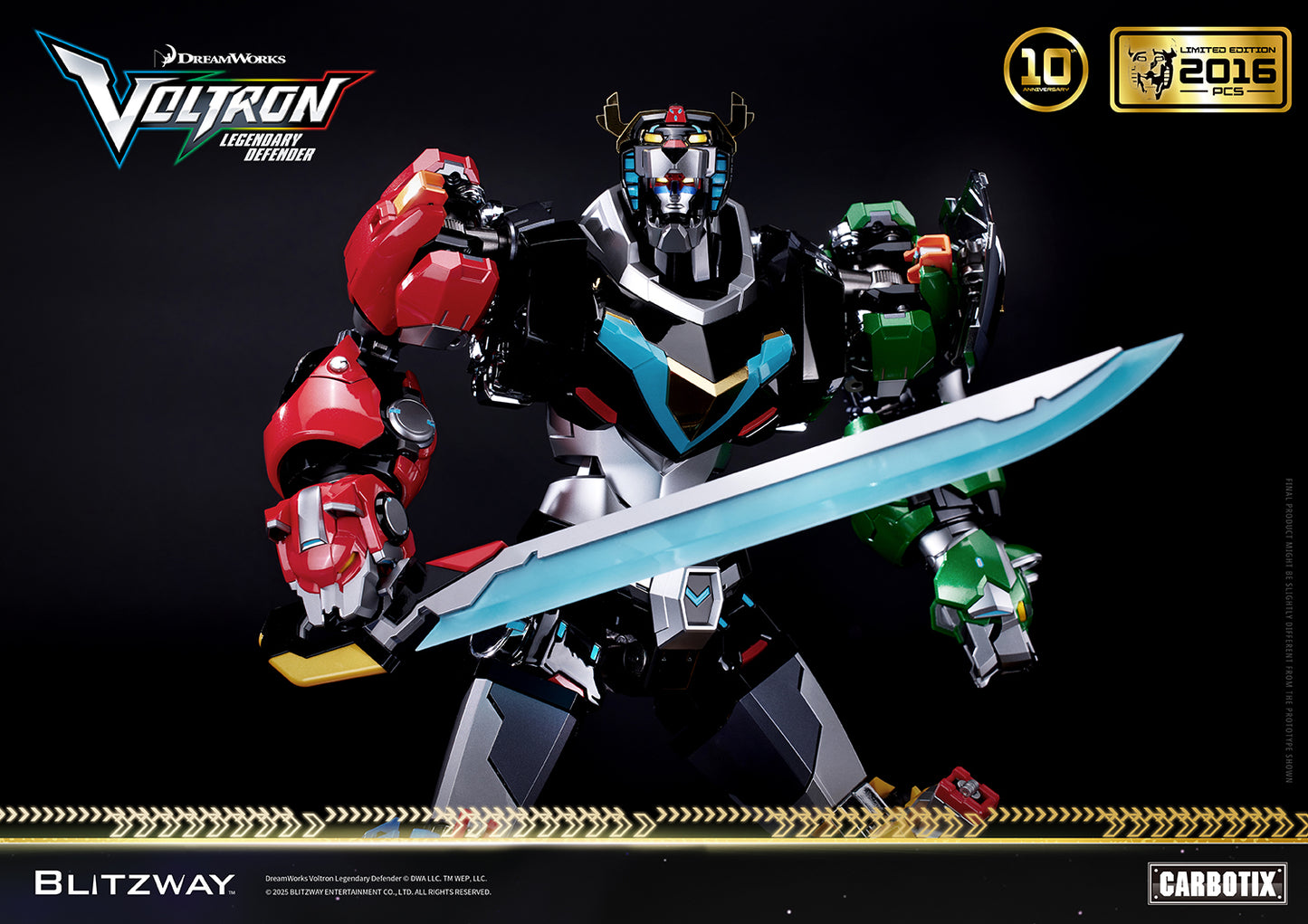 Voltron: Legendary Defender 10th Anniversary Special Limited Edition 1/6 scale Action Figure by Blitzway Carbotix – limited to 2,016 pcs worldwide, close-up action pose with blazing sword and die-cast detailing.