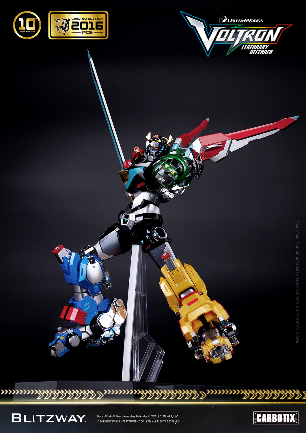 Voltron: Legendary Defender 10th Anniversary Special Limited Edition 1/6 scale Action Figure by Blitzway Carbotix – limited to 2,016 pcs worldwide, featuring die-cast build, flight stand display, and iconic soaring sword-raising attack pose.