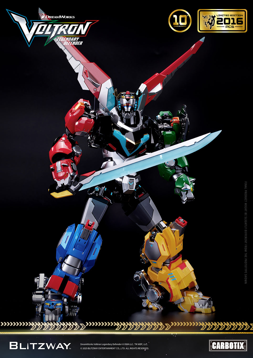 Voltron: Legendary Defender 10th Anniversary Special Limited Edition 1/6 scale Action Figure by Blitzway Carbotix – 2,016 pcs worldwide, die-cast robot lions combining into full Voltron, showcasing Blazing Sword in iconic battle stance.