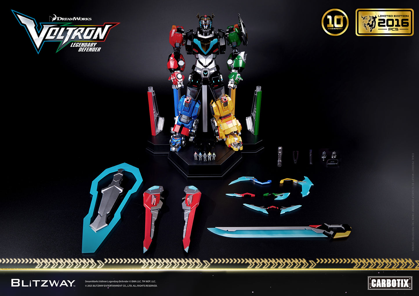 Voltron: Legendary Defender 10th Anniversary Special Limited Edition 1/6 scale Action Figure by Blitzway Carbotix – full package contents including combined Voltron figure, Blazing Sword, Wing Shield, interchangeable parts, pilot mini-figures, and premium display base, limited to 2,016 pcs worldwide.