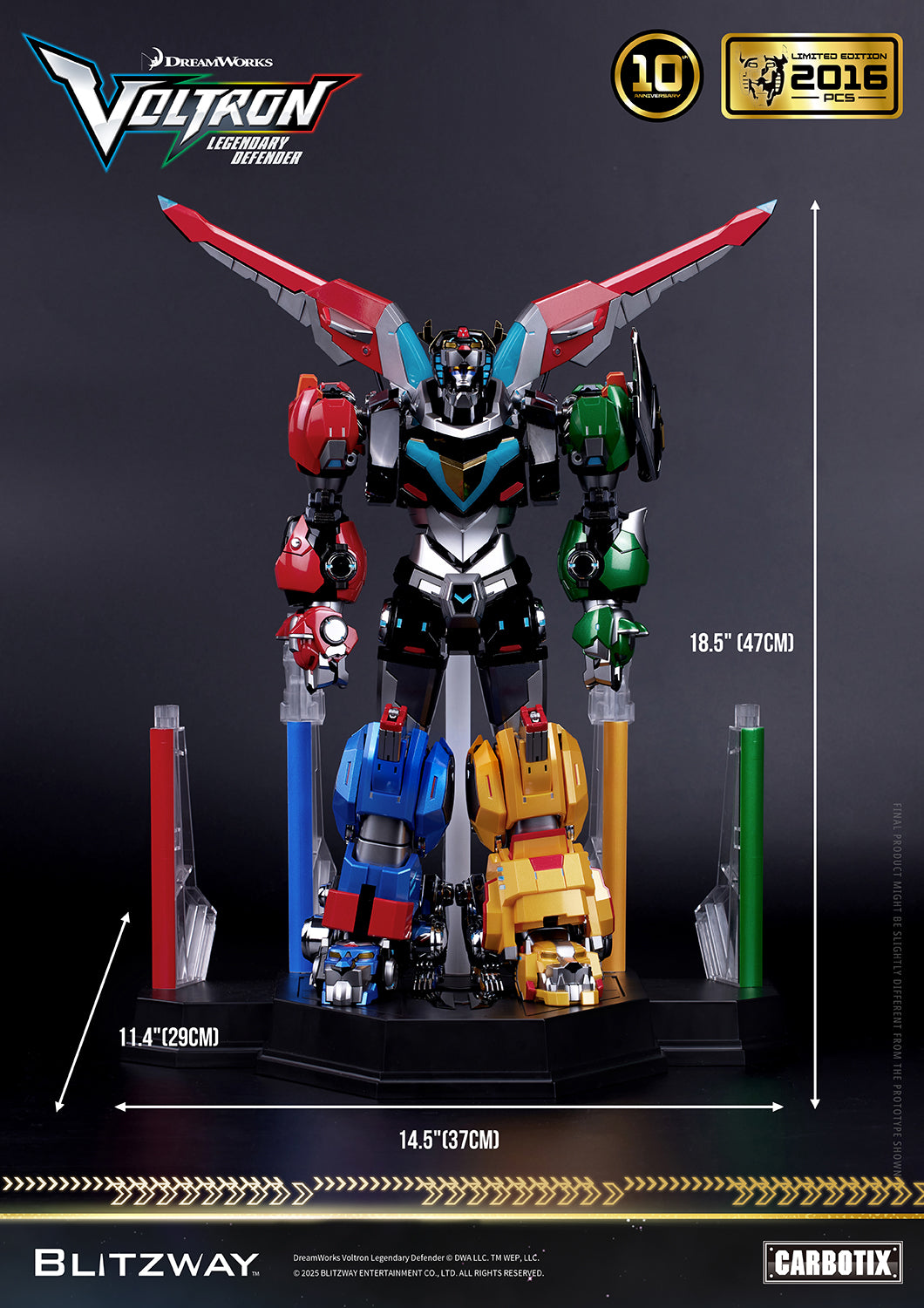 Voltron: Legendary Defender 10th Anniversary Special Limited Edition 1/6 scale Action Figure by Blitzway Carbotix – full height and dimensions displayed, standing 18.5" (47cm) tall, 14.5" (37cm) wide, and 11.4" (29cm) deep on display base, limited to 2,016 pcs worldwide.