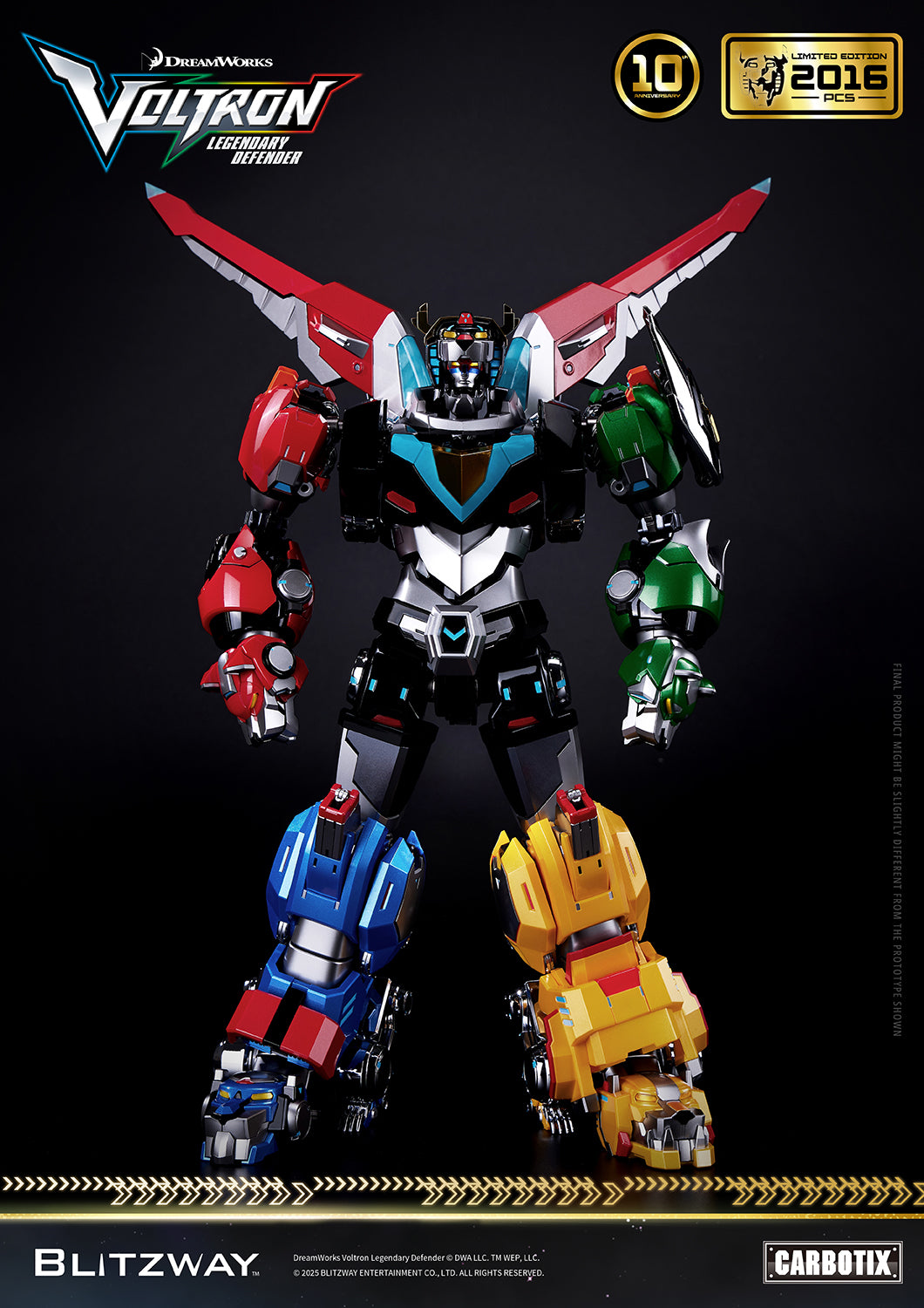 Voltron: Legendary Defender 10th Anniversary Special Limited Edition 1/6 scale Action Figure by Blitzway Carbotix – limited to 2,016 pcs worldwide, featuring full robot mode with die-cast parts, detailed paintwork, and iconic combined lion form.